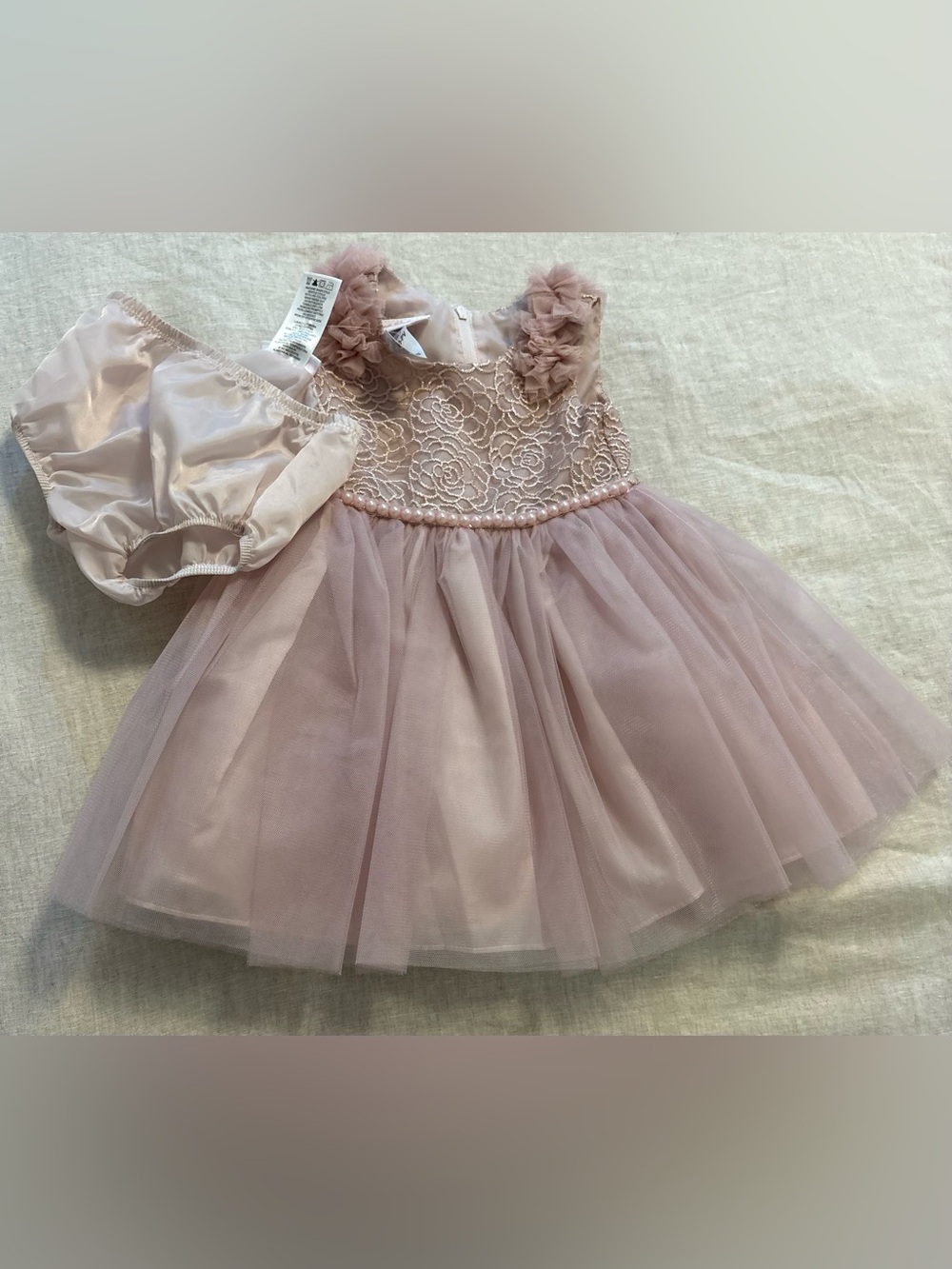 Bonnie Baby Dusty Rose Pink Lace Tulle Dress Set Bloomer 18M Pearl Trim